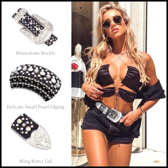 Rhinestone Western Belt Leather Wide Buckle Unisex Adjustable Cowboy Style main image 4